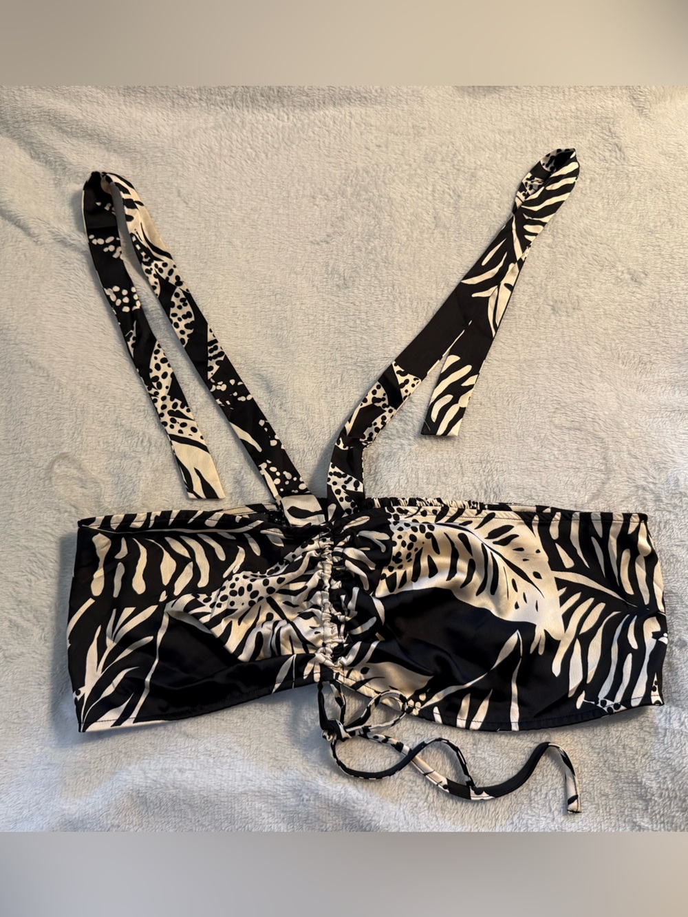 Black & Cream Printed Tie-Front Bandeau Top Size XXL